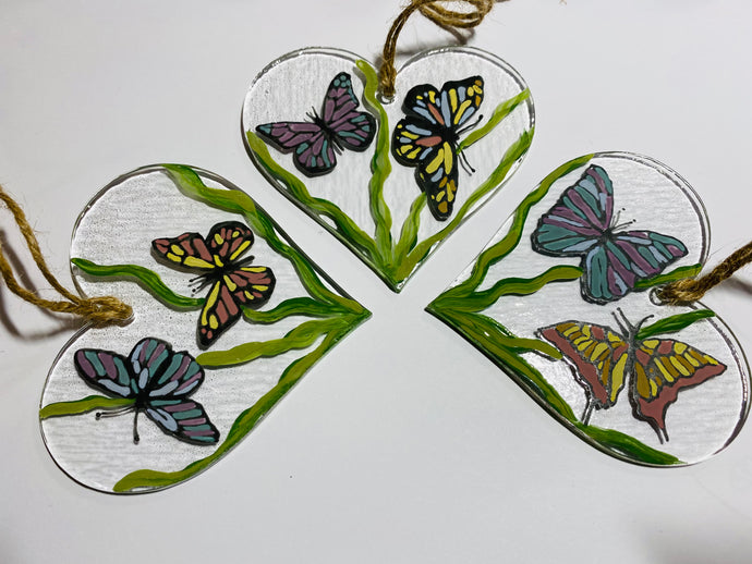 Handmade fused glass Hanging Heart with Butterfly detail 