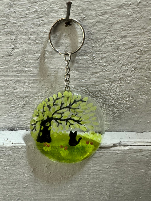 Handmade fused glass round keyring with personailised cat detail 