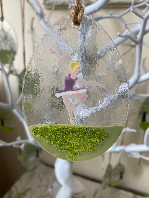 Handmade fused glass Easter egg with ballerina  detail 