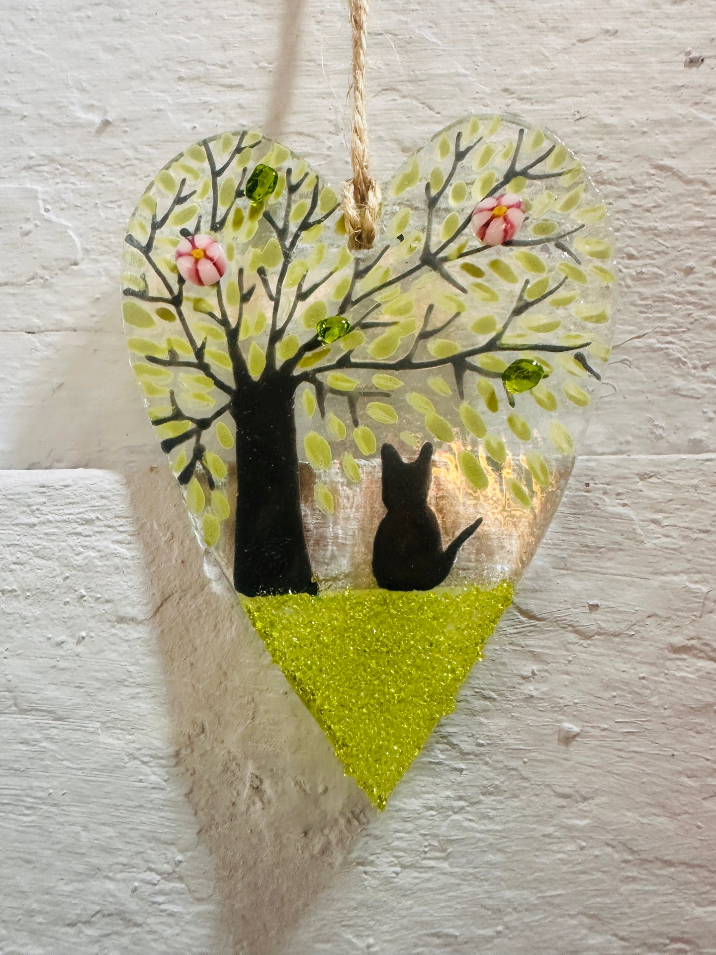 Fused Glass Cat Hanging Heart
