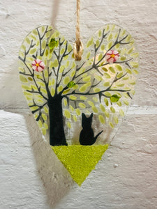 Fused Glass Cat Hanging Heart