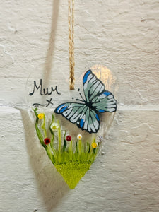 Fused Glass Mum Butterfly Hanging Heart