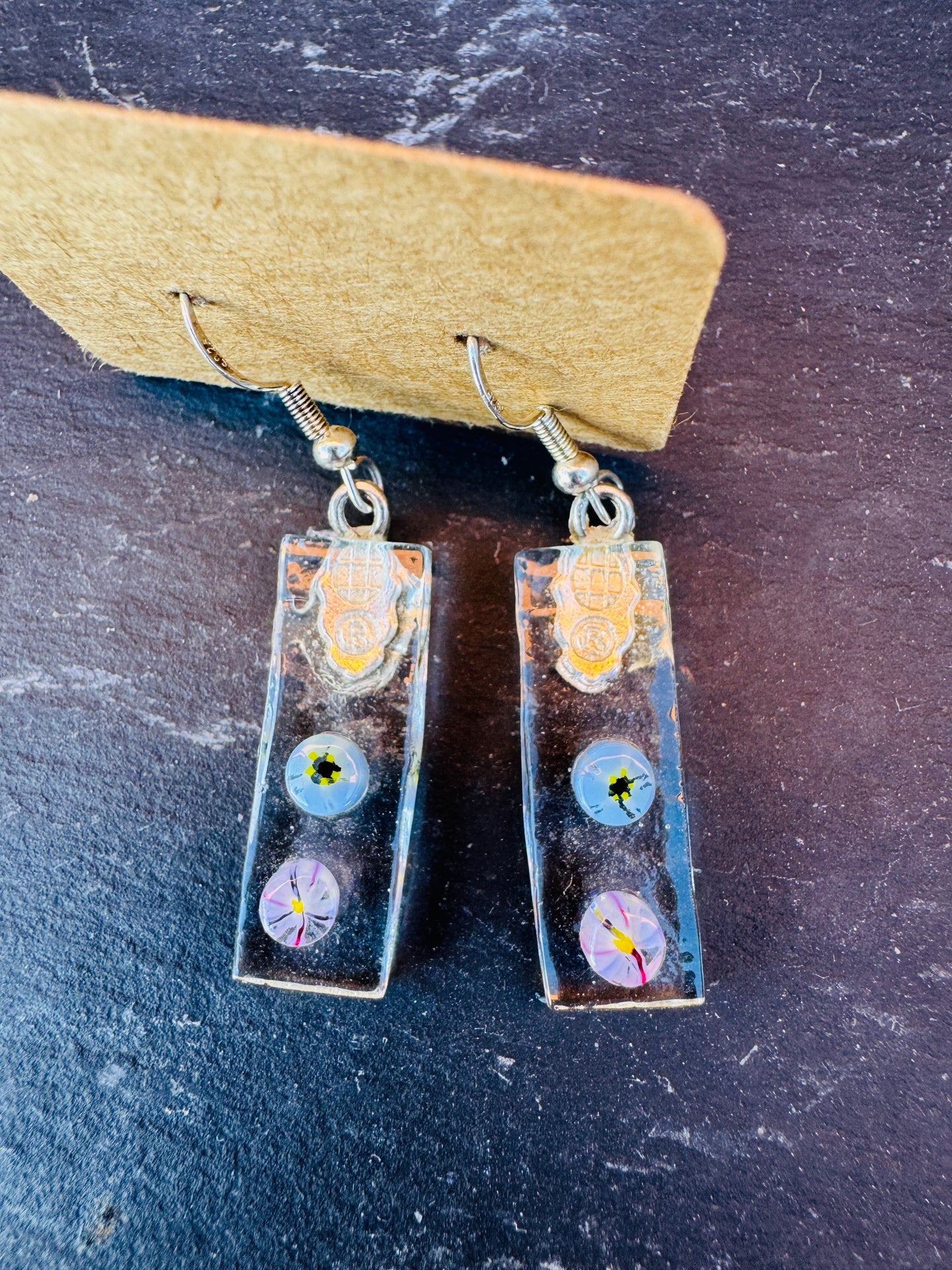 Pink & Blue Flower Drop Fused Glass Earrings