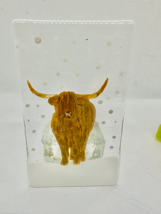 handmade fused glass highland cow tealight holder 