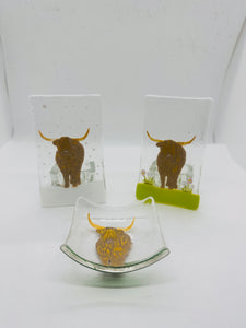 Fused Glass Highland Cow deep dish / TeaLight candle holder
