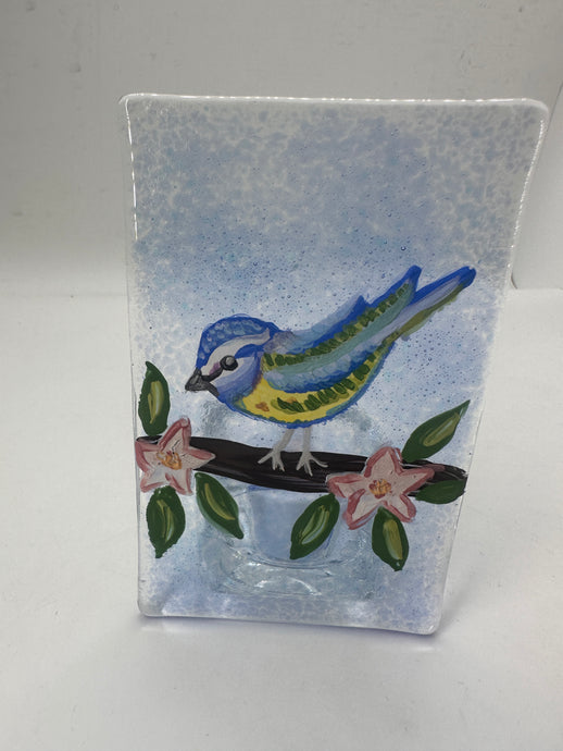 Handmade Fused glass Blue Tit Tealight holder 