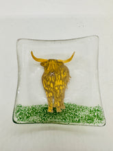 Load image into Gallery viewer, handmade fused glass deep dish / trinket tray with highland cow detail