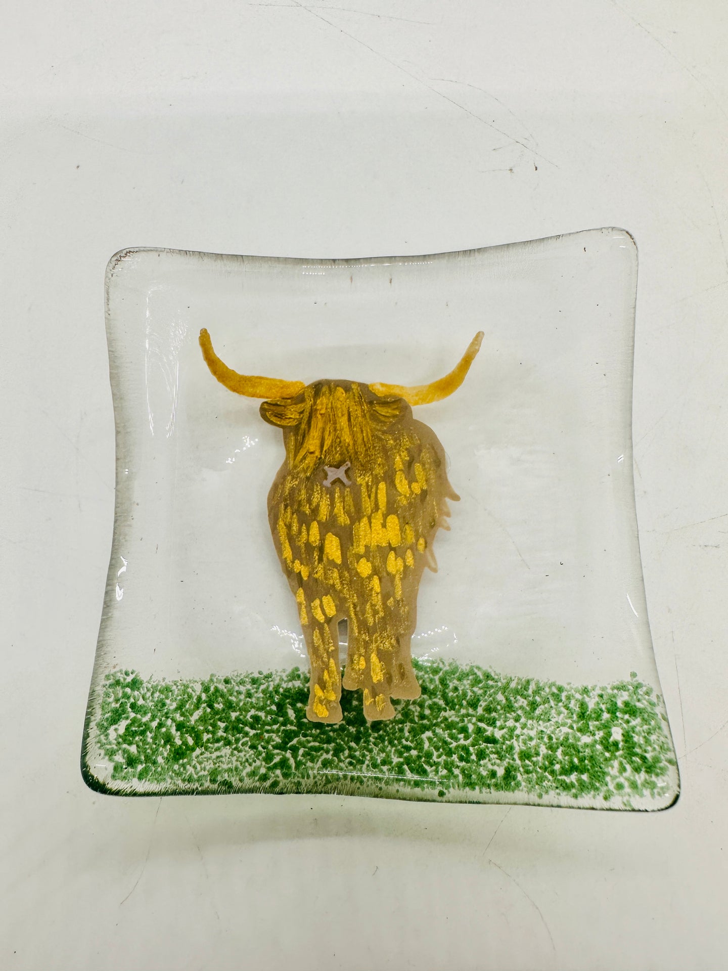 handmade fused glass deep dish / trinket tray with highland cow detail