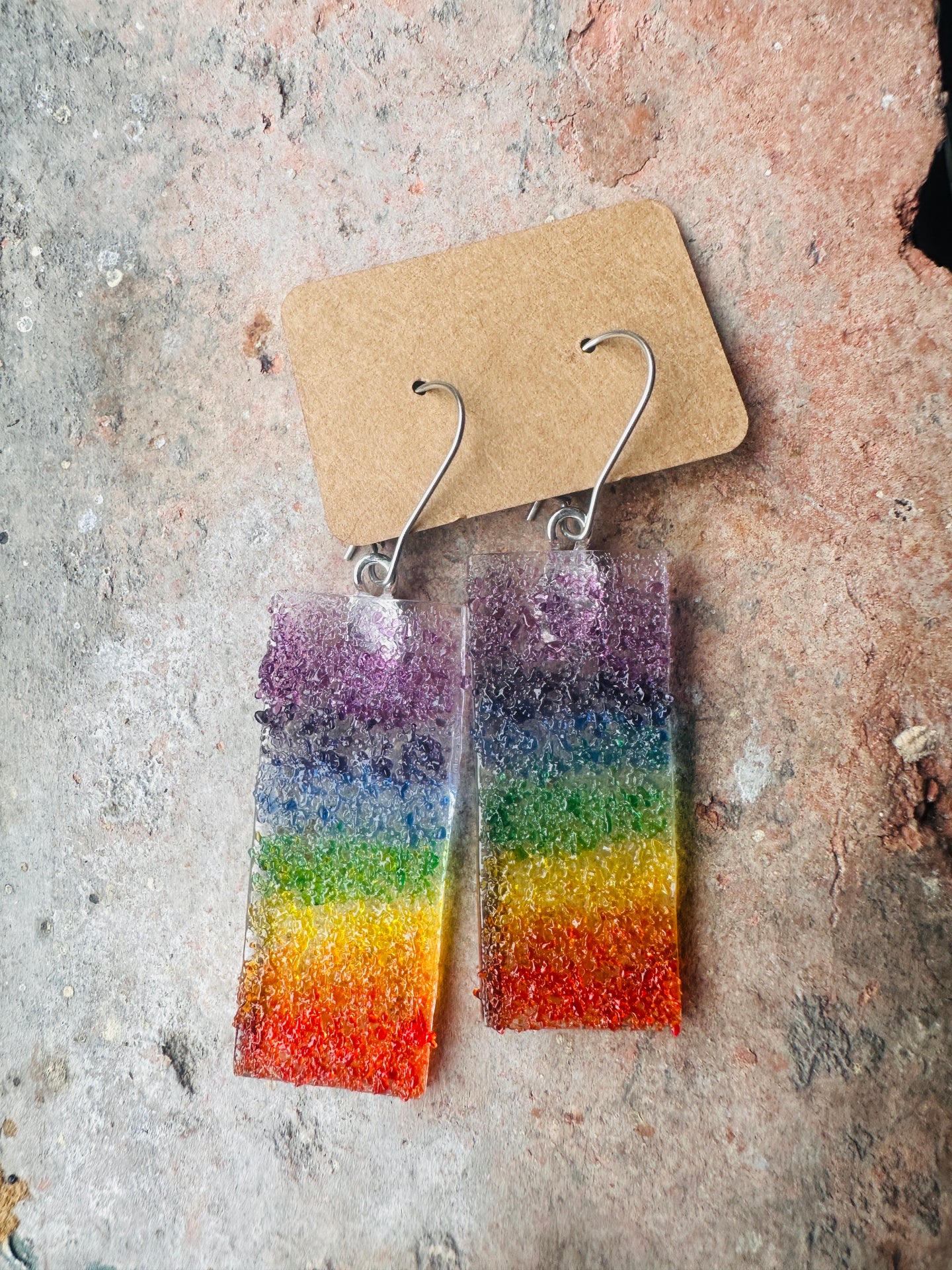 Handmade fused glass drop rainbow earrings 