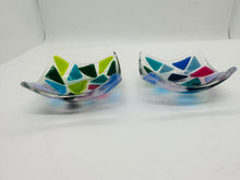 Load image into Gallery viewer, handmade fused glass trinket tray / candle holder / deep dish in a rainbow of mosaic triangles 