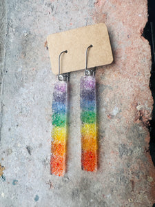 Handmade fused glass rainbow long earrings 