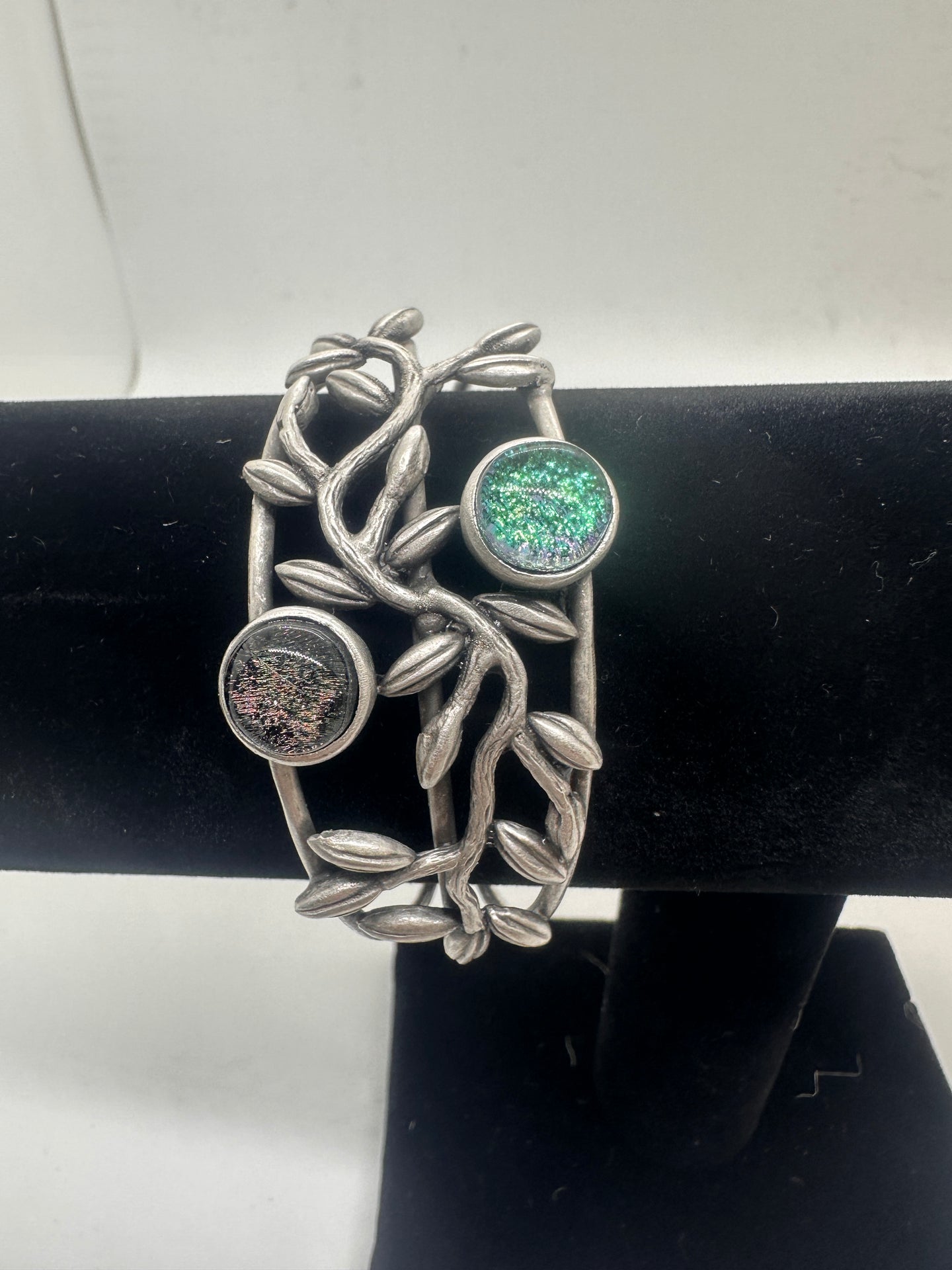 Handmade fused glass & silver plated branch cuff bracelet 