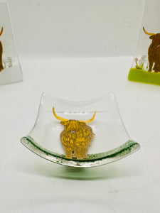 Fused Glass Highland Cow deep dish / TeaLight candle holder