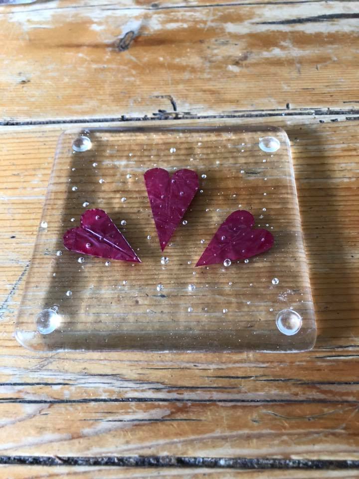 One Handmade Fused Glass & Copper Hearts Coasters