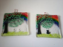 Load image into Gallery viewer, handmade fused glass rainbow personailised cat wall hanger 
