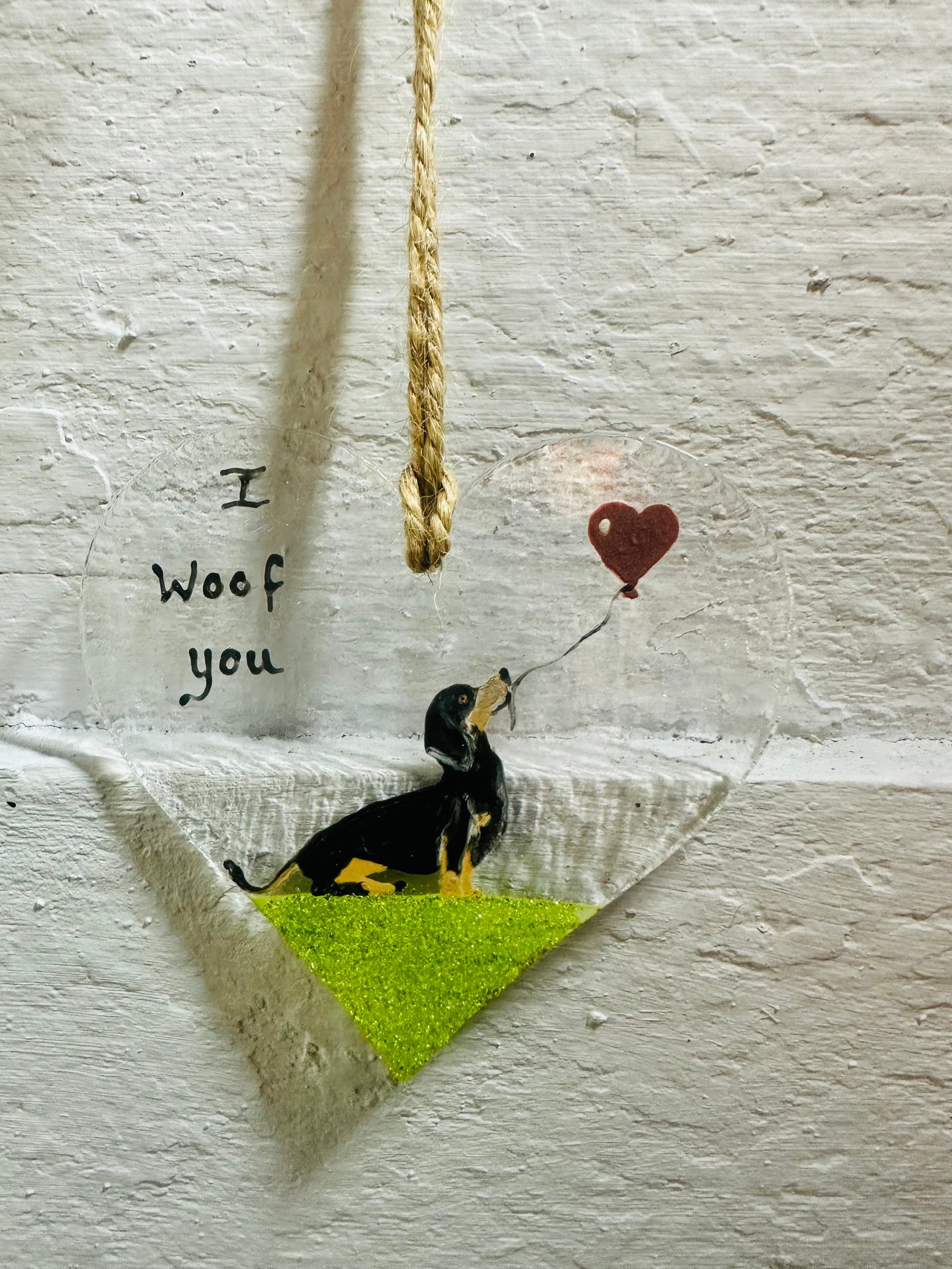 Handmade fused glass hanging heart with dachshund detail 