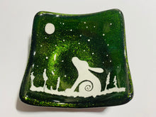 Load image into Gallery viewer, Handmade fused glass emerald green deep dish with moon hare detail 