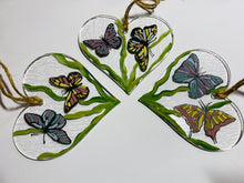Load image into Gallery viewer, Handmade fused glass Hanging Heart with Butterfly detail 