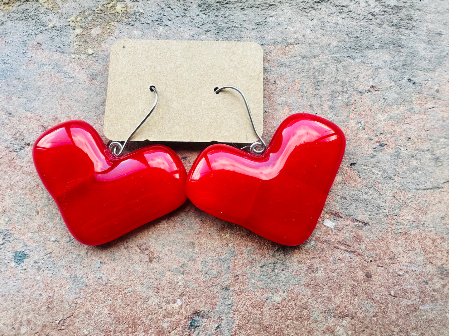 Chunky Red Heart Drop Fused Glass Earrings