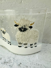 Load image into Gallery viewer, handmade fused glass self standing Valais black nosed sheep winters snow