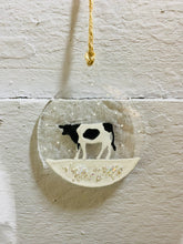 Load image into Gallery viewer, Handmade fused glass Christmas bauble with cow detail 