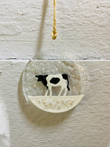 Handmade fused glass Christmas bauble with cow detail 