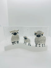 Load image into Gallery viewer, handmade fused glass self standing Valais black nosed sheep winters snow