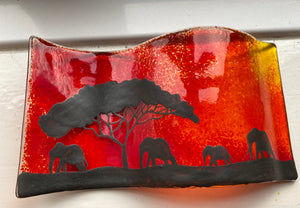 Handmade fused glass self standing elephant sunset