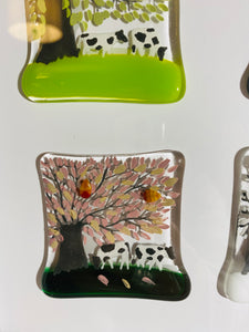 Handmade fused glass four seasons box frame with cow detail 