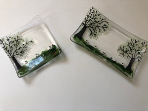 Fused glass trinket tray and soap dish with countryside and sheep detail