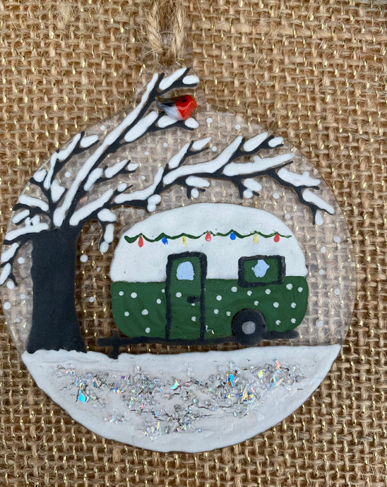 Handmade fused glass Christmas bauble with caravan detail 