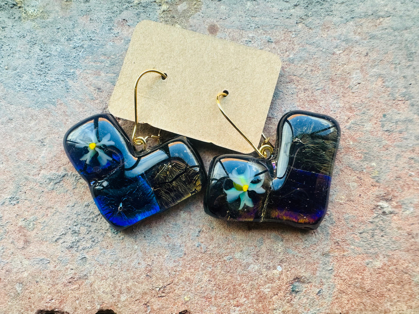 Dicro Sparkly Flower Heart Drop Fused Glass Earrings
