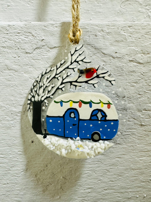 Handmade fused glass Christmas bauble with royal blue caravan 