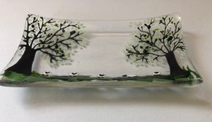 Fused glass trinket tray /  soap dish with countryside and sheep detail