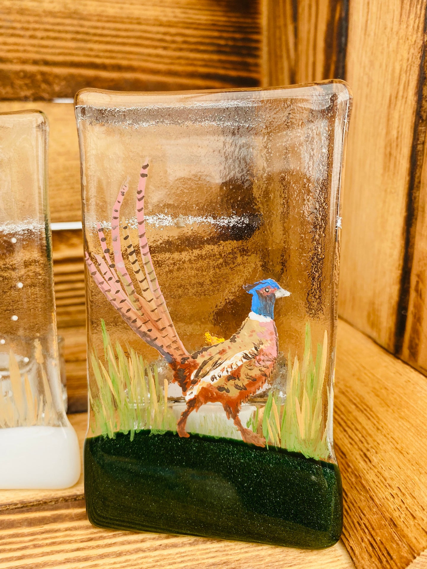 Handmade Fused Glass Autumn pheasant TeaLight Holder