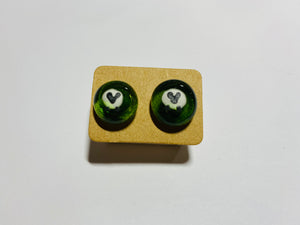 fused glass green earrings with sheep detail 
