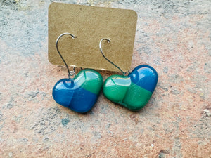 Small Teal & Blue  Heart Drop Fused Glass Earrings