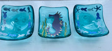 Load image into Gallery viewer, Handmade fused glass deep dish / tealight holder / trinket tray with seahorse detail 