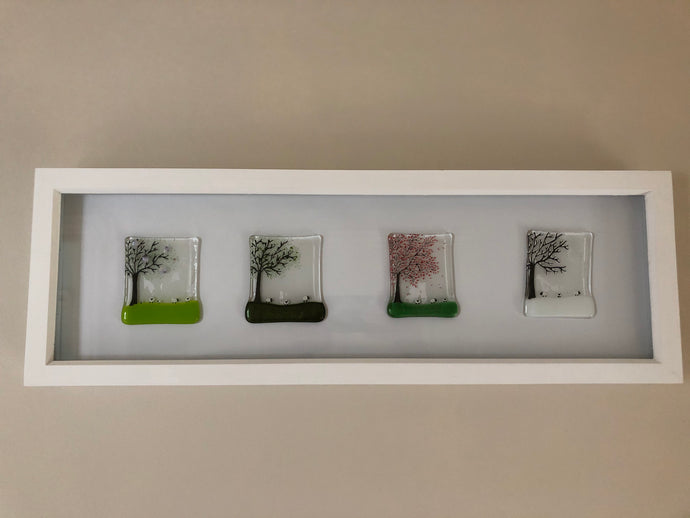 Handmade fused glass fourseason with sheep detail set into a large box frame 