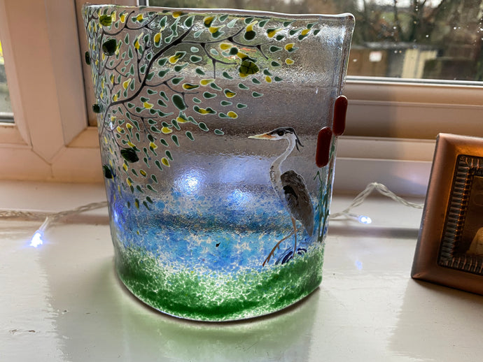 Handmade fused glass self standing river side heron candle curve 