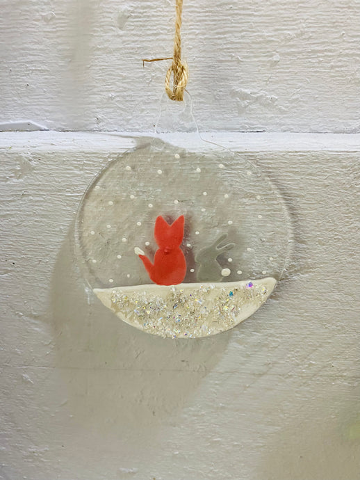 Handmade fused glass Christmas fox and bunny bauble 