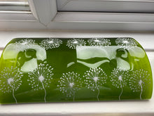 Load image into Gallery viewer, Handmade fused glass lime green candle arch with dandelion detail 