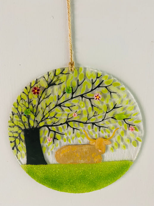 Handmade fused glass highland cow round hanger 