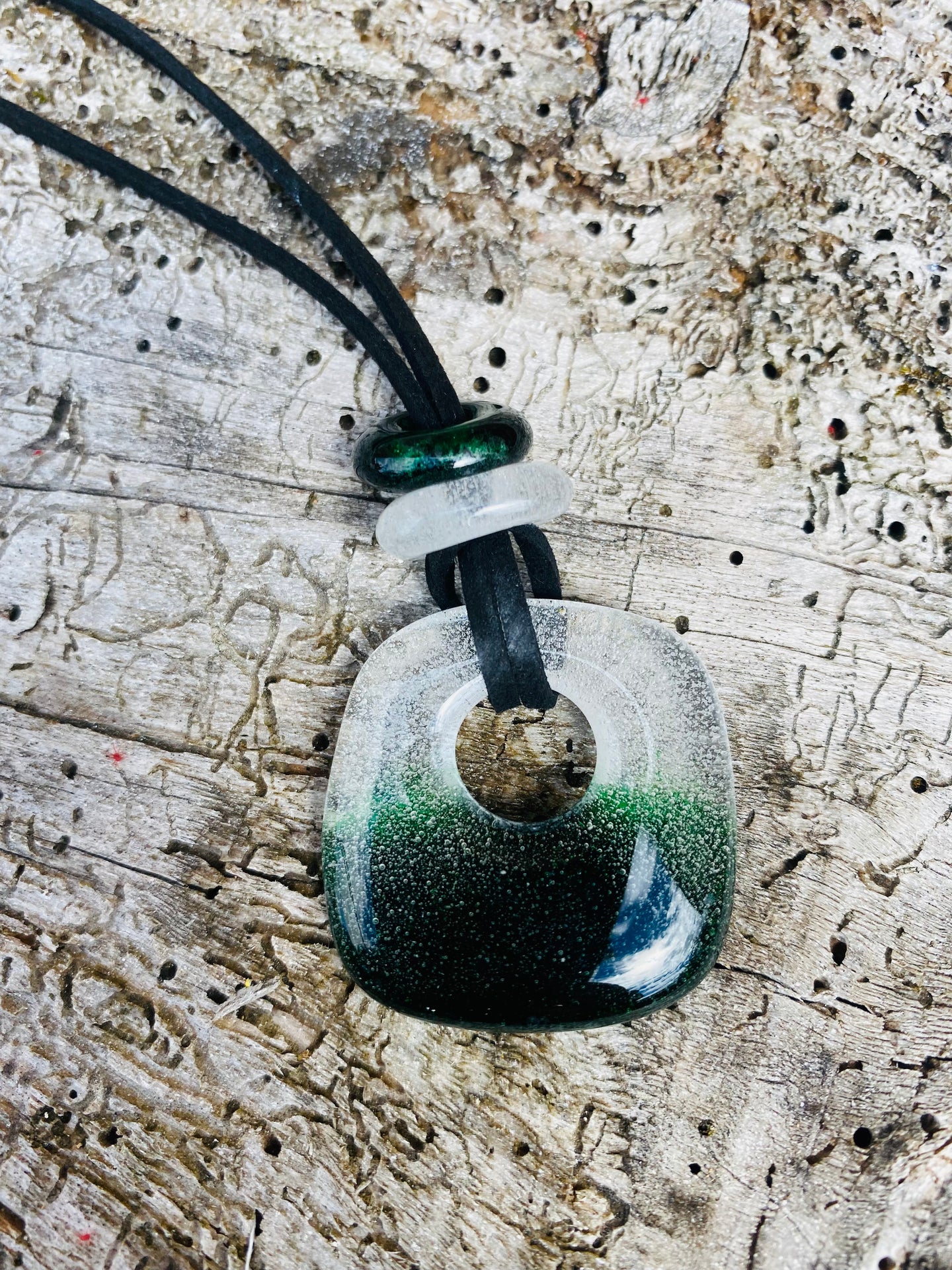 Handmade fused glass green necklace with bead detail 
