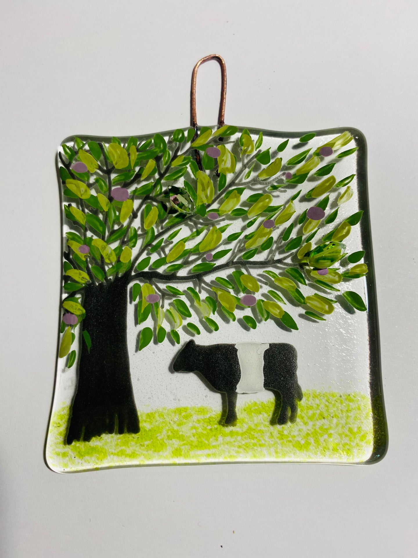 Handmade fused glass wall hanger with belted galloway cow detail 