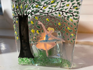 Handmade fused glass tealight holder with ballerina detail
