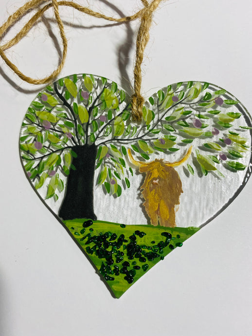 Handmade fused glass hanging heart with highland cow detail 