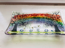 Load image into Gallery viewer, Rainbow fused glass soap dish / trinket tray with bee and flower detail