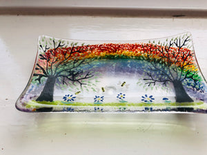 Rainbow fused glass soap dish / trinket tray with bee and flower detail