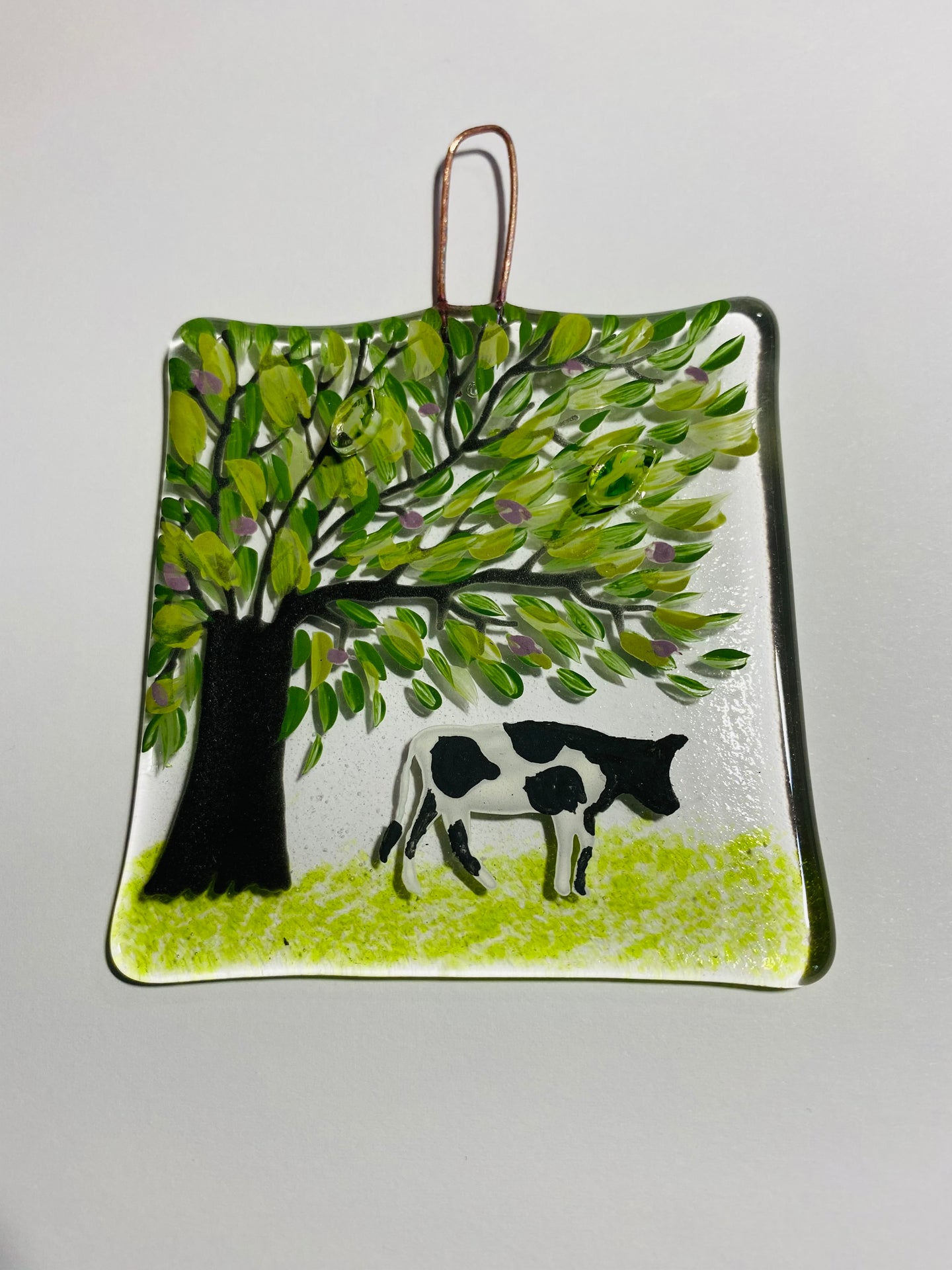 Handmade fused glass wall hanger with cow detail 